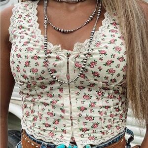 Floral Lace Trim Crop Top - Cream and Pink